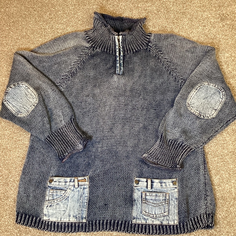 Vintage PBJ Blues Blue Knit Sweater with Denim Accents